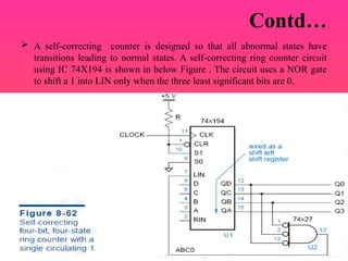 Contd…
 A self-correcting counter is designed so that all abnormal states have
transitions leading to normal states. A self-correcting ring counter circuit
using IC 74X194 is shown in below Figure . The circuit uses a NOR gate
to shift a 1 into LIN only when the three least significant bits are 0.
 