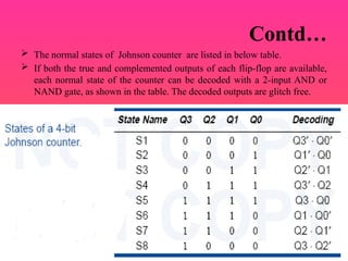 Contd…
 The normal states of Johnson counter are listed in below table.
 If both the true and complemented outputs of each flip-flop are available,
each normal state of the counter can be decoded with a 2-input AND or
NAND gate, as shown in the table. The decoded outputs are glitch free.
 