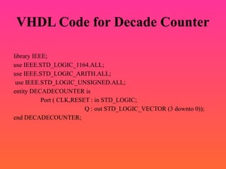 VHDL Code for Decade Counter
library IEEE;
use IEEE.STD_LOGIC_1164.ALL;
use IEEE.STD_LOGIC_ARITH.ALL;
use IEEE.STD_LOGIC_UNSIGNED.ALL;
entity DECADECOUNTER is
Port ( CLK,RESET : in STD_LOGIC;
Q : out STD_LOGIC_VECTOR (3 downto 0));
end DECADECOUNTER;
 