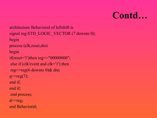 Contd…
architecture Behavioral of leftshift is
signal reg:STD_LOGIC_VECTOR (7 downto 0);
begin
process (clk,reset,din)
begin
if(reset='1')then reg<="00000000";
else if (clk'event and clk='1') then
reg<=reg(6 downto 0)& din;
q<=reg(7);
end if;
end if;
end process;
d<=reg;
end Behavioral;
 