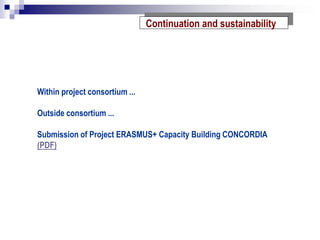 Continuation and sustainability
Within project consortium ...
Outside consortium ...
Submission of Project ERASMUS+ Capacity Building CONCORDIA
(PDF)
 
