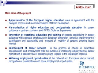 Main aims of the project
 Approximation of the European higher education area in agreement with the
Bologna process and recommendations of Berlin Declaration.
 Harmonization of higher education and postgraduate education for career
guidance in partner countries, joint ECTS, Diploma Supplement.
 Innovation of vocational education and training of experts specializing in career
guidance with a special emphasize on European dimension aimed at improvement of
qualification and adaptability and support of mobility of persons entering labour
market.
 Improvement of career services in the process of choice of education,
specialization and employment with the purpose of increasing employment at labour
market with a special view of assisting young people in the integration process.
 Widening employment opportunities at the national and European labour market,
recognition of qualifications and equal employment opportunities.
AIMS - main
 