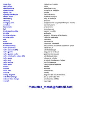 snap ring                                 seguro perno piston
spark plugs                              bujías
specifications                           especificaciones
speedometer                              indicador de velocidad
spring clip                              grampa
sprinng-loaded pin                       perno de piston
starter motor                            motor de arranque
stater relay                             relay de arranque
steering                                 direccion
swinging arm                             brazo oscilante suspensión/horquilla trasera
switches                                 los interruptores
tachometer                               el tacómetro
tail                                     luces traseras
thickness ( medida)                      espesor -medida
throttle                                 acelerador
throttle adjuster                        ajustador del cable del acelerador
throttle cable                           cable del acelerador
tire                                     neumático
tools                                    herramientas
trottle valve                            cortina del carburador
troubleshooting                          solucionando problemas /problemas tipicos
valve clearence                          luz de válvula
valve exhaust (EX)                       válvula de escape
valve guides                             las guías de la válvula
valve guides seals                       guia reten de valvulas
valve inlet/ valve intake (IN)           valvula de admicion
valve seals                              retenes de valvulas
valve seat                               el asiento de válvula en la tapa
valve spring                             resorte de valvula
valve stem                               cuerpo guia de la valvula
valves                                   válvulas
washer                                   arandela
wear limit                               límite de uso
wheels                                   ruedas
wiring diagram                           diagrama del circuito electrico
with filter change                       con el cambio del filtro
without filter change                    sin el cambio del filtro
wrench                                   esparrago


                                 manuales_motos@hotmail.com
 
