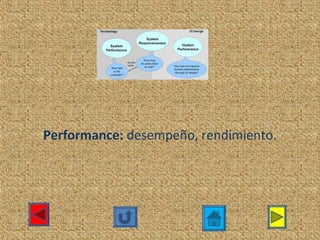 Performance: desempeño, rendimiento.
 