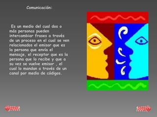 Comunicación:



 Es un medio del cual dos o
más personas pueden
intercambiar frases a través
de un proceso en el cual se ven
relacionados el emisor que es
la persona que envía el
mensaje, el receptor que es la
persona que lo recibe y que a
su vez se vuelve emisor , el
cual lo mandan a través de un
canal por medio de códigos.
 