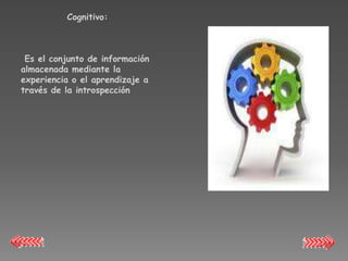 Cognitivo:



 Es el conjunto de información
almacenada mediante la
experiencia o el aprendizaje a
través de la introspección
 