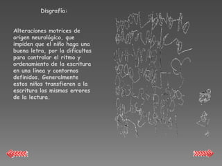 Disgrafía:


Alteraciones motrices de
origen neurológico, que
impiden que el niño haga una
buena letra, por la dificultas
para controlar el ritmo y
ordenamiento de la escritura
en una línea y contornos
definidos. Generalmente
estos niños transfieren a la
escritura los mismos errores
de la lectura.
 