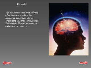 Estimulo:


 Es cualquier cosa que influya
efectivamente sobre los
aparatos sensitivos de un
organismo viviente, incluyendo
fenómenos físicos internos y
externos del cuerpo.
 