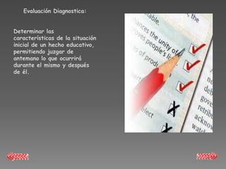 Evaluación Diagnostica:


Determinar las
características de la situación
inicial de un hecho educativo,
permitiendo juzgar de
antemano lo que ocurrirá
durante el mismo y después
de él.
 