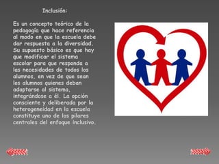 Inclusión:

Es un concepto teórico de la
pedagogía que hace referencia
al modo en que la escuela debe
dar respuesta a la diversidad.
Su supuesto básico es que hay
que modificar el sistema
escolar para que responda a
las necesidades de todos los
alumnos, en vez de que sean
los alumnos quienes deban
adaptarse al sistema,
integrándose a él. La opción
consciente y deliberada por la
heterogeneidad en la escuela
constituye uno de los pilares
centrales del enfoque inclusivo.
 