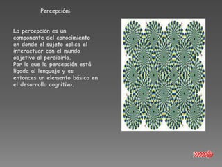 Percepción:


La percepción es un
componente del conocimiento
en donde el sujeto aplica el
interactuar con el mundo
objetivo al percibirlo.
Por lo que la percepción está
ligada al lenguaje y es
entonces un elemento básico en
el desarrollo cognitivo.
 