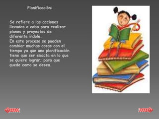 Planificación:


Se refiere a las acciones
llevadas a cabo para realizar
planes y proyectos de
diferente índole.
En este proceso se pueden
cambiar muchas cosas con el
tiempo ya que una planificación
tiene que ser exacta en lo que
se quiere lograr; para que
quede como se desea.
 
