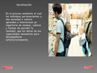 Socialización:


Es el proceso mediante el cual
los individuos pertenecientes a
una sociedad o cultura
aprenden a interiorizan un
repertorio de normas, valores
y formas de percibir la
realidad, que los dotan de las
capacidades necesarias para
desempeñarse
satisfactoriamente.
 