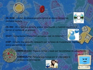 CD-ROM: Unidad de almacenamiento óptico en discos compactos,
exclusiva lectura.

CD-RW: CD virgen que permite grabar información, y también modificar o
borrar el contenido ya grabado

CHAT: Conversación interactiva en tiempo real, en Internet.

CHIP: Circuito muy pequeño compuesto por millones de transistores, impresos
sobre una pastilla de silicio.

          CIBERESPACIO: Espacio virtual creado por los sistemas de computación.

           CIBERNAUTA: Persona que navega por el ciberespacio
           en busca de información.
 