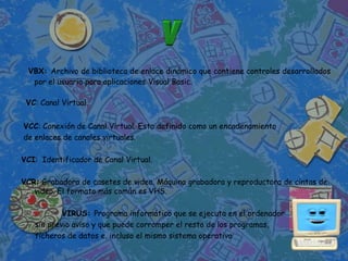 VBX: Archivo de biblioteca de enlace dinámico que contiene controles desarrollados
  por el usuario para aplicaciones Visual Basic.

 VC: Canal Virtual.


VCC: Conexión de Canal Virtual. Esta definido como un encadenamiento
de enlaces de canales virtuales.

VCI: Identificador de Canal Virtual.

VCR: Grabadora de casetes de video. Máquina grabadora y reproductora de cintas de
   video. El formato más común es VHS.

           VIRUS: Programa informático que se ejecuta en el ordenador
   sin previo aviso y que puede corromper el resto de los programas,
   ficheros de datos e, incluso el mismo sistema operativo
 