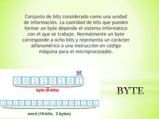Conjunto de bits considerado como una unidad
de información. La cantidad de bits que pueden
formar un byte depende el sistema informático
con el que se trabaje. Normalmente un byte
corresponde a ocho bits y representa un carácter
alfanumérico o una instrucción en código
máquina para el microprocesador.
 