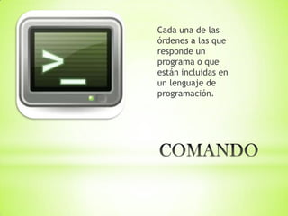 Cada una de las
órdenes a las que
responde un
programa o que
están incluidas en
un lenguaje de
programación.
 