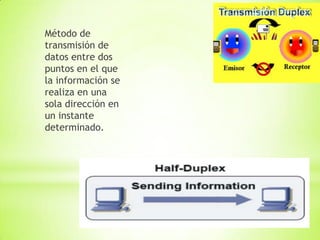 Método de
transmisión de
datos entre dos
puntos en el que
la información se
realiza en una
sola dirección en
un instante
determinado.
 