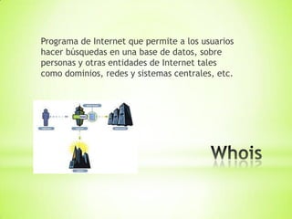 Programa de Internet que permite a los usuarios
hacer búsquedas en una base de datos, sobre
personas y otras entidades de Internet tales
como dominios, redes y sistemas centrales, etc.
 