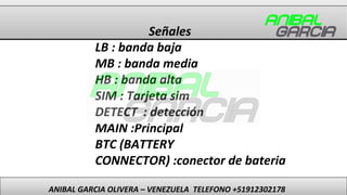 Señales
ANIBAL GARCIA OLIVERA – VENEZUELA TELEFONO +51912302178
LB : banda baja
MB : banda media
HB : banda alta
SIM : Tar...