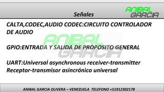 Señales
ANIBAL GARCIA OLIVERA – VENEZUELA TELEFONO +51912302178
CALTA,CODEC,AUDIO CODEC:CIRCUITO CONTROLADOR
DE AUDIO
GPIO...
