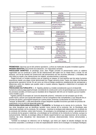 www.monografias.com




PROMOVIDO: Alumnos que el año anterior aprobaron, y ahora se matriculan al grado inmediato superior.
PRUEBA OBJETIVA: Documento de evaluación, con respuestas cerradas.
PSICOLOGÍA GENÉTICA: el psicólogo suizo Jean Piaget concibió el pensamiento como un sistema
organizado que se construye a partir de las interacciones del sujeto con su medio físico y social. En tal
enfoque, una de las fuentes de construcción del pensamiento son las acciones (efectivas o mentales) del
niño sobre su medio y las interacciones con objetos, acontecimientos y personas.
   Piaget formuló un modelo evolutivo que se organiza en etapas; lo cual significa que los seres humanos
avanzamos desde una etapa inicial denominada por Piaget sensorio-motor, hasta una etapa final llamada
pensamiento operatorio formal. Es así como se inicia el trabajo académico estableciendo las semejanzas y
diferencias entre los objetos que pueden estar a nuestro alcance, llegando a determinar el concepto del
objeto en cuestión
PSICOLOGÍA CULTURALISTA: L. S. Vigotsky planteó su modelo considerando que en el desarrollo
humano la cultura juega papel principal, concibiendo la construcción como el aprendizaje que se produce en
los procesos sociales, el mismo que es resultado de la integración del niño con el maestro que se muestra
como modelo y guía.
  Vigotsky plantea el concepto de “zona de desarrollo próximo”, indicando con tal concepto que el niño
puede hacer y actuar (con ayuda del maestro o de los compañeros más competentes) y que después de un
proceso de ayuda y guía logrará hacerlo por cuenta propia. Entonces, la educación es una fuerza que
“empuja” al desarrollo, y, sólo será eficiente si logra despertar aquellas funciones que están en proceso de
maduración o en la zona de desarrollo potencial
PSICOLOGÍA-FISIOLOGÍA-EDUCACIÓN Y FILOSOFÍA: la Sicología es la ciencia de la conducta. Pero
hay otras disciplinas que se identifican también como ciencia de la conducta. Así, la Sociología esta
relacionada también con la conducta. Sin embargo, mientras la sicología está relacionada con el estudio de
la conducta del individuo, sobre todo humano, la sociología y la antropología se centran generalmente en
la conducta de los grupos o sistemas, y la etnología se ha centrado en la conducta no humana, aunque no
exclusivamente. Además, la sicología utiliza el método experimental en sus observaciones de la conducta,
mientras las otras disciplinas han descansado en técnicas observacionales menos estructuradas y
controladas.
    También la sicología se relaciona con la fisiología, que tiene por objeto el estudio biológico de las
funciones corporales y constituye un área de especialización dentro de la sicología: la sicología fisiológica.


Para ver trabajos similares o recibir información semanal sobre nuevas publicaciones, visite www.monografias.com
 