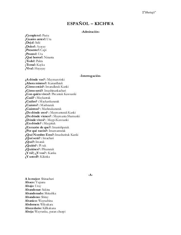 Diccionario Espanol Kichwa