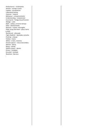 -Performance – rendimiento
-Anchor – anclaje o ancla
-Update – actualizacion
-Laboratory testing
-Improve – mejorar
-Behaviour – comportamiento
-Understanding – comprension
-Core barrel - Testigo de perforación.
-Wedge – cuña
-Both – ambos, al mismo tiempo
-Slide – Deslizamiento
-Restrain – sujetar, restringido
-Plate, strap and mesh – placa, barra
y malla
-Reinforced - reforzado
-Tight /taidtch/ – Apretado, estrecho
-Pushing – empuje
-hollow – hueco
-While – si bien, mientras
-Strand rupture – rotura de la hebra
-Behind – detrás
-Being – siendo
-Within /uiten/ – dentro
-Drives – Unidades
-Grouted – Lechada
-Borehole – Barreno
-
 