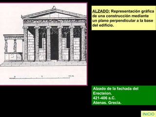 ALZADO:  Representación gráfica  de una construcción mediante  un plano perpendicular a la base  del edificio. Alzado de la fachada del  Erecteion.  421-406 a.C.  Atenas. Grecia.  INICIO 