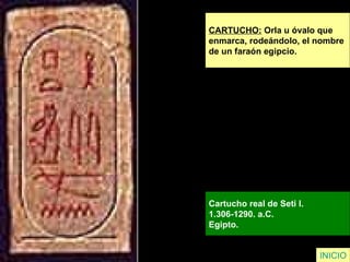 INICIO CARTUCHO:  Orla u óvalo que  enmarca, rodeándolo, el nombre  de un faraón egipcio. Cartucho real de Seti I.  1.306-1290. a.C.  Egipto.   