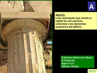 ÁBACO:   Losa rectangular que remata el  capitel de una columna,  uniéndola a los elementos  superiores del edificio. Columna dórica con ábaco.  El Partenón.  Siglo V a.C.  Atenas. Grecia. INICIO A 