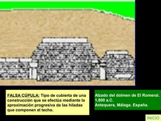 FALSA CÚPULA: Tipo de cubierta de una
construcción que se efectúa mediante la
aproximación progresiva de las hiladas
que componen el techo.
Alzado del dolmen de El Romeral.
1.800 a.C.
Antequera, Málaga. España.
INICIO
 