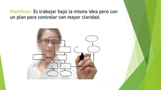 Planificar: Es trabajar bajo la misma idea pero con
un plan para controlar con mayor claridad.
 