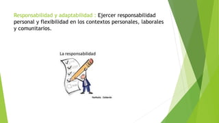 Responsabilidad y adaptabilidad : Ejercer responsabilidad
personal y flexibilidad en los contextos personales, laborales
y comunitarios.
 