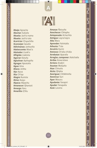 12
Abajo: Aynacha
Abortar: Sulluña
Abuela: Jach’a mama
Abuelo: Jach’a tata
Acariciar: Q’ayachiña
Aconsejar: Iwxaña
Adivinanza: Janhusiña
Adolescente: Maxt’a
Adulador: Llunk’u
Afligido: Llakisita
Agarrar: Katuña
Aglutinar: Apthapiña
Agregar: Apxataña
Agua: Uma
Ahora: Jichha
Ajo: Ajusa
Ala: Ch’iqa
Alegre: Kusisita
Alma: Axayu
Alpaca: Allpachu
Amanecer: Qhantati
Amargo: Xaru
Amarillo: Q’illu
Amasar: Ñatuuña
Anochecer: Chhaphu
Antepasado: Achachila
Antiguo: Layra/nayra
Año: Mara
Aprender: Yatintaña
Arbusto: T’ula
Arcoíris: Kurmi
Arenoso: Ch’alla ch’alla
Arrebatar: Aparaña
Arreglar, componer: Askichaña
Arriba: Araxa/alaxa
Arriero: Anakiri
Asustar: Mulljaña
Atar: Chinuña
Atrás: Qhipha
Averiguar: Chhikhiniña
Avestruz: Suri
Ayer: Masuru
Ayudante: Yanapiri
Ayudar: Yanapaña
Azul: Larama
A
diccionario_aymara_145_230.indd 12 14-01-2019 13:13:01
 