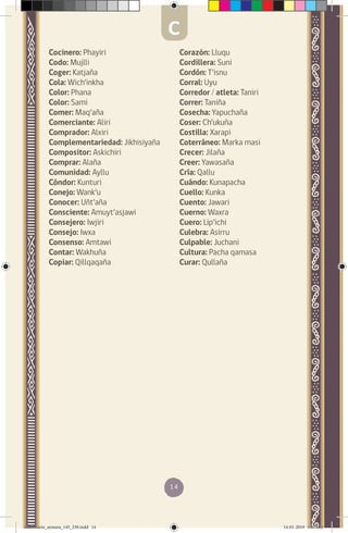 14
Cocinero: Phayiri
Codo: Mujlli
Coger: Katjaña
Cola: Wich’inkha
Color: Phana
Color: Sami
Comer: Maq’aña
Comerciante: Aliri
Comprador: Alxiri
Complementariedad: Jikhisiyaña
Compositor: Askichiri
Comprar: Alaña
Comunidad: Ayllu
Cóndor: Kunturi
Conejo: Wank’u
Conocer: Uñt’aña
Consciente: Amuyt’asjawi
Consejero: Iwjiri
Consejo: Iwxa
Consenso: Amtawi
Contar: Wakhuña
Copiar: Qillqaqaña
Corazón: Lluqu
Cordillera: Suni
Cordón: T’isnu
Corral: Uyu
Corredor / atleta: Taniri
Correr: Taniña
Cosecha: Yapuchaña
Coser: Ch’ukuña
Costilla: Xarapi
Coterráneo: Marka masi
Crecer: Jilaña
Creer: Yawasaña
Cría: Qallu
Cuándo: Kunapacha
Cuello: Kunka
Cuento: Jawari
Cuerno: Waxra
Cuero: Lip’ichi
Culebra: Asirru
Culpable: Juchani
Cultura: Pacha qamasa
Curar: Qullaña
C
diccionario_aymara_145_230.indd 14 14-01-2019 13:13:02
 