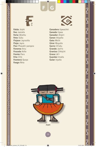 16
Falda: Jirphi
Feo: Jaxtaña
Feria: Qhathu
Feto: Sullu
Flojear: Jayrasiña
Flojo: Jayra
Flor: Phaxalli/ panqara
Fonema: Arsu
Frazada: Ikiña
Frente: Para
Frío: Ch’ji
Frontera: Qurpa
Fuego: Nina
Jirphi
Ganadero: Uywachiri
Ganado: Uywa
Ganador: Atipiri
Ganar: Atipaña
Gato: Michi
Girar: Muyuña
Gorro: Ch’ullu
Grande: Jach’a
Granizo: Chhijchi
Grasa: Lik’i
Guardar: Imaña
Guiar: Irpaña
F G
diccionario_aymara_145_230.indd 16 14-01-2019 13:13:04
 