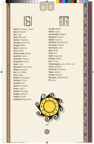 22
Sabio: Amawta / yatiri
Sacar: Apsuña
Sal: Jayu
Salir: Mistuña
Saltar: Thuqtaña
Saludar: Aruntaña
Sangre: Wila
Sapo: Jamp’atu
Seco: Waña
Seleccionar: Ajlliña
Semilla: Xatha
Señorita: Tawaxu
Serpiente: Amaru
Seso: Lixwi
Siembra: Sata/ch’aja
Silbar: Khuyuña
Sol: Inti/ Wilka
Solo: Sapa
Soltar: Chinuqaña
Sombra: Ch’iju
Sonido: Arsu
Soñar: Samkaña
Sopa: Lawita
Soplar: Phusaña
Suegra: Taykch’i
Sueño: Samka
Sufijante: Apxataña
Tacaño: Mich’i
Tarde: Jayp’u
Tartamudo: Khakha
Tejedora: Sawuri
Tejido: Sawuta
Temblar: Kharkhatiña
Terminar: Tukuña
Territorio: Uraxi
Teta: Ñuñu
Tieso: Tisi
Todo: Taqpacha
Tórtola: Kukuli
Tos: Ch’uxu
Trabalengua: Laxra chinu aru
Traer: Apaniña
Travieso: Chhujraru
Tripa: Jiphilla
Trueno: Arnaxa
Trueque: Alxakipasiña
Tú: Juma
Inti
S T
diccionario_aymara_145_230.indd 22 14-01-2019 13:13:08
 