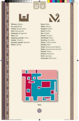 23
Último: Qhipha
Un, una: Maya
Unido: Mayachasita
Unir: Mayachaña
Universo: Araqpacha
Uña: Sillu
Urgente, pronto: Jink’a
Usado: Thantha
Usurpar, quitar: Aparaña
Útero: Jakaña
Vaca: Waka
Valle: Qhirwa
Vender: Alxaña
Venir: Puriña
Ver: Uñjaña
Verde: Ch’uxña
Vertiente: Phuju
Vestirse: Ist’asiña
Viaje: Thakhi saraña
Vicuña: Wari
Vieja (despectivo): Apachi
Viejo (despectivo): Achachi
Viento: Thaya
Visitar: Phult’aña
Vivir: Qamaña
Vizcacha: Wisk’acha
Waka
U V
diccionario_aymara_145_230.indd 23 14-01-2019 13:13:08
 