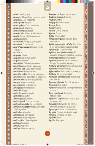 28
Armiri: Olvidadizo
Arusiyiri: El que hace que otro hable
Arusjiwa: Está hablando
Aruskipaña: Relato
Aruskipjiwa: Está relatando
Aruskipawi: Discurso
Arustayaña: Confesar
Aru uñt’aña: Conocer el idioma
Asaña: Llevar objeto cóncavo
Asirru: Culebra
Askichaña: Arreglar, componer
Askichiri: Compositor
Asu/ q’asu wawa: Criatura recién
nacida
Ati: Nuca
Atipaña: Ganar
Atipchini: Debiera ganar
Atipiri: Ganador
Awatchini: Debiera pastorear
Awatiña: Apacentar/ pastorear
Awatiña uta: Casa de pastoreo
Awatiñani: Pastoreemos
Awatiña qullu: Cerro de pastoreo
Awatiri: Sabio dedicado al pastoreo
Awatiri kirki: Canto al pastoreo
Awayu: Manta cuadrada
Awatjasa: En el pastoreo
Awatjawi: Pastoreando
Awkch’i: Suegro
Awki: Progenitor, padre
Awkima: Tu padre
Awkinaja: Los padres
Awkinajanti: Con los padres
Awkinakata/jata: De los padres
Awkinakata/jata yatiña: Aprender
de los padres
Awkinha: Mi padre
Awkinharu: A mi padre
Awkinhasti: ¿Y mi padre?
Awkimpi/nti: Con el padre
Awkipa: Su padre
Awkiru: Al padre
Awkisa: Nuestro padre
Awtipacha: Época de escasez
Awtiwa/lapaqa: Escasez
Awtji: Hambre
Awyayala: Continente
Axayu: Alma
Axru: Vómito
Ayaña: Llevar un palo
Aycha: Carne
Ayllu: Comunidad
Ayllu aruskipaña: Relatos de la
comunidad
Ayllu Jaqinaka/ja ist’aña: Escuchar
a las personas de la comunidad
Aylluna: En la comunidad
Aylluna amtapa ist’añawa: El
acuerdo de la comunidad se escucha
Ayllunaja/naka: Comunidades
Aymara: Nombre de la cultura y
lengua del pueblo aymara
Aylluna qamaña: Vivir en comunidad
Ayllunha: Mi comunidad
Ayllusawipa:Historiadelacomunidad
Aylluta: De la comunidad
Aymaran sarnaqawipa: Movilidad
del aymara
Aymara qilqaña: Escribir aymara
Aynacha: Sur, abajo
Ayni: Reciprocidad, correspondencia
mutua
Ayni thaqhawi: Buscando
reciprocidad
Aynjasiri jaqi: Persona que busca
reciprocidad
Aynuqa: Subdivisión de tierras
comunitarias para el cultivo
Ayrampu: Planta con colorante
Aysuña: Extraer un objeto largo
Aytaña: Levantar un palo
Aytinkiri: Ola
Aytiña: Enjuagar
A
diccionario_aymara_145_230.indd 28 14-01-2019 13:13:19
 