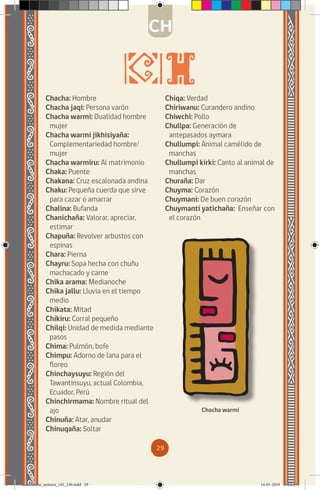29
Chacha: Hombre
Chacha jaqi: Persona varón
Chacha warmi: Dualidad hombre
mujer
Chacha warmi jikhisiyaña:
Complementariedad hombre/
mujer
Chacha warmiru: Al matrimonio
Chaka: Puente
Chakana: Cruz escalonada andina
Chaku: Pequeña cuerda que sirve
para cazar o amarrar
Chalina: Bufanda
Chanichaña: Valorar, apreciar,
estimar
Chapuña: Revolver arbustos con
espinas
Chara: Pierna
Chayru: Sopa hecha con chuñu
machacado y carne
Chika arama: Medianoche
Chika jallu: Lluvia en el tiempo
medio
Chikata: Mitad
Chikiru: Corral pequeño
Chilqi: Unidad de medida mediante
pasos
Chima: Pulmón, bofe
Chimpu: Adorno de lana para el
floreo
Chinchaysuyu: Región del
Tawantinsuyu, actual Colombia,
Ecuador, Perú
Chinchirmama: Nombre ritual del
ajo
Chinuña: Atar, anudar
Chinuqaña: Soltar
Chiqa: Verdad
Chiriwanu: Curandero andino
Chiwchi: Pollo
Chullpa: Generación de
antepasados aymara
Chullumpi: Animal camélido de
manchas
Chullumpi kirki: Canto al animal de
manchas
Churaña: Dar
Chuyma: Corazón
Chuymani: De buen corazón
Chuymanti yatichaña: Enseñar con
el corazón
Chacha warmi
CH
diccionario_aymara_145_230.indd 29 14-01-2019 13:13:19
 