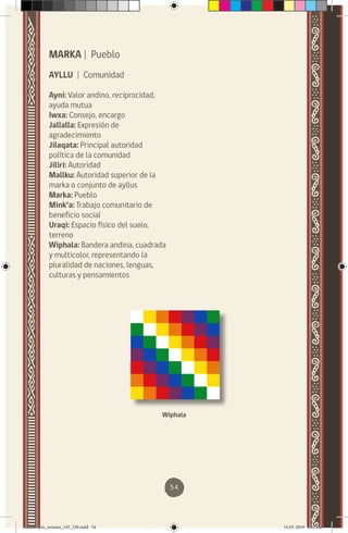 54
MARKA | Pueblo
AYLLU | Comunidad
Ayni: Valor andino, reciprocidad,
ayuda mutua
Iwxa: Consejo, encargo
Jallalla: Expresión de
agradecimiento
Jilaqata: Principal autoridad
política de la comunidad
Jiliri: Autoridad
Mallku: Autoridad superior de la
marka o conjunto de ayllus
Marka: Pueblo
Mink’a: Trabajo comunitario de
beneficio social
Uraqi: Espacio físico del suelo,
terreno
Wiphala: Bandera andina, cuadrada
y multicolor, representando la
pluralidad de naciones, lenguas,
culturas y pensamientos
Wiphala
diccionario_aymara_145_230.indd 54 14-01-2019 13:13:46
 