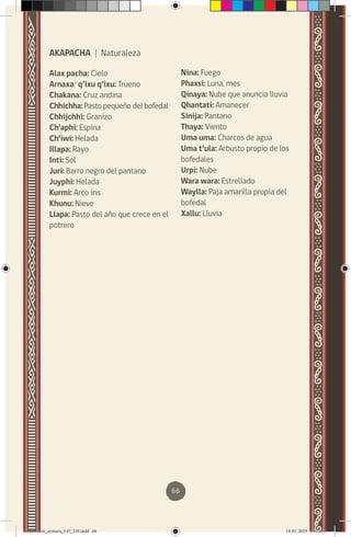 66
AKAPACHA | Naturaleza
Alax pacha: Cielo
Arnaxa/ q’ixu q’ixu: Trueno
Chakana: Cruz andina
Chhichha: Pasto pequeño del bofedal
Chhijchhi: Granizo
Ch’aphi: Espina
Ch’iwi: Helada
Illapa: Rayo
Inti: Sol
Juri: Barro negro del pantano
Juyphi: Helada
Kurmi: Arco iris
Khunu: Nieve
Llapa: Pasto del año que crece en el
potrero
Nina: Fuego
Phaxsi: Luna, mes
Qinaya: Nube que anuncia lluvia
Qhantati: Amanecer
Sinija: Pantano
Thaya: Viento
Uma uma: Charcos de agua
Uma t’ula: Arbusto propio de los
bofedales
Urpi: Nube
Wara wara: Estrellado
Waylla: Paja amarilla propia del
bofedal
Xallu: Lluvia
diccionario_aymara_145_230.indd 66 14-01-2019 13:13:53
 