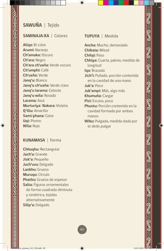 80
TUPUYA | Medida
Ancha: Mucho, demasiado
Chikata: Mitad
Chilqi: Paso
Chhiya: Cuarta, palmo, medida de
longitud
Iqa: Brazada
Jich’i: Puñado, porción contenida
en la cavidad de una mano
Juk’a: Poco
Juk’ampi: Más, algo más
Khumuña: Cargar
Pisi: Escaso, poco
Phuxtu: Porción contenida en la
cavidad formada por ambas
manos
Wiku: Pulgada, medida dada por
el dedo pulgar
SAWUÑA | Tejido
SAMINAJA/KA | Colores
Allqa: Bi color
Arumi: Naranjo
Ch’amaka: Oscuro
Ch’ara: Negro
Ch’ara ch’uxña: Verde oscuro
Ch’umphi: Café
Ch’uxña: Verde
Janq’u: Blanco
Janq’u ch’uxña: Verde claro
Janq’u larama: Celeste
Janq’u wila: Rosado
Larama: Azul
Murturiya/ Nakara: Violeta
Q’illu: Amarillo
Sami/phana: Color
Uqi: Plomo
Wila: Rojo
KUNAMASA | Forma
Chhuqhu: Rectangular
Jach’a: Grande
Jisk’a: Pequeño
Juch’usu: Delgado
Lankhu: Grueso
Muruqu: Círculo
Phathu: Grueso de espesor
Salta: Figuras ornamentales
de forma cuadrada diminuta
y simétrica, tejidas
alternativamente
Sillp’a: Delgado
diccionario_aymara_145_230.indd 80 14-01-2019 13:14:03
 