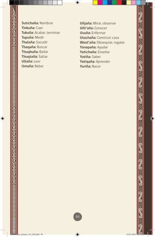 90
Sutichaña: Nombrar
Tinkuña: Caer
Tukuña: Acabar, terminar
Tupuña: Medir
Thalaña: Sacudir
Thaqaña: Buscar
Thuqhuña: Bailar
Thuqtaña: Saltar
Ullaña: Leer
Umaña: Beber
Uñjaña: Mirar, observar
Uñt’aña: Conocer
Usuña: Enfermar
Utachaña: Construir casa
Waxt’aña: Obsequiar, regalar
Yanapaña: Ayudar
Yatichaña: Enseñar
Yatiña: Saber
Yatiqaña: Aprender
Yuriña: Nacer
diccionario_aymara_145_230.indd 90 14-01-2019 13:14:15
 