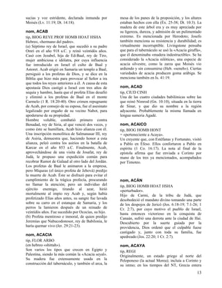 sucias y voz estridente, declarada inmunda por         mesa de los panes de la proposición, y los altares
Moisés (Lv. 11:19; Dt. 14:18).                         estaban hechos con ella (Éx. 25-38; Dt. 10:3). La
                                                       madera de este árbol era y es muy apreciada por
nom, ACAB                                              su ligereza, dureza, y admisión de un pulimentado
tip, BIOG REYE PROF HOMB HOAT HSHA                     extremo. Es mencionada por Herodoto; Josefo
Hebreo, «hermano del padre».                           también menciona su resistencia y durabilidad; es
(a) Séptimo rey de Israel, que sucedió a su padre      virtualmente incorruptible. Livingstone pensaba
Omri en el año 918 a.C. y reinó veintidós años.        que para el tabernáculo se usó la «Acacia giraffa»,
Casó con Jezabel, hija de Ed-Baal, rey de Tiro,        que él denominaba «madera indestructible». Se ha
mujer ambiciosa e idólatra, por cuya influencia        considerado la «Acacia nilótica», una especie de
fue introducido en Israel el culto de Baal y           acacia silvestre, como la zarza que Moisés vio
Astoret. Acab erigió en Samaria un templo a Baal,      ardiendo y sin consumirse (Heb. «seneh»). Ciertas
persiguió a los profetas de Dios, y se dice en la      variedades de acacia producen goma arábiga. Se
Biblia que hizo más para provocar al Señor a ira       menciona también en Is. 41:19.
que todos los reyes anteriores a él. A causa de esta
apostasía Dios castigó a Israel con tres años de       nom, ACAD
sequía y hambre, hasta que el profeta Elías desafió    tip, CIUD CINH
y eliminó a los profetas de Baal en el monte           Una de las cuatro ciudades babilónicas sobre las
Carmelo (1 R. 18:20-40). Otro crimen repugnante        que reinó Nimrod (Gn. 10:10), situada en la tierra
de Acab, por consejo de su esposa, fue el asesinato    de Sinar, y que dio su nombre a la región
legalizado por engaño de su vecino Nabot, para         adyacente. Probablemente la misma llamada en
apoderarse de su propiedad.                            lengua sumeria Agadé.
Hombre voluble, combatió primero contra
Benadad, rey de Siria, al que venció dos veces, y      nom, ACAICO
como éste se humillara, Acab hizo alianza con él.      tip, BIOG HOMB HONT
Una inscripción monolítica de Salmanasar III, rey      = «perteneciente a Acaya».
de Asiria, demuestra que, haciendo honor a esta        Un creyente que, con Estéfanas y Fortunato, visitó
alianza, peleó contra los asirios en la batalla de     a Pablo en Éfeso. Ellos confortaron a Pablo en
Karcar en el año 853 a.C. Finalmente, Acab,            espíritu (1 Co. 16:17). La nota al final de la
aprovechándose de una visita de Josafat, rey de        epístola afirma que fue enviada a Corinto por
Judá, le propuso una expedición común para             mano de los tres ya mencionados, acompañados
recobrar Ramot de Galaad al otro lado del Jordán.      por Timoteo.
Los profetas de Baal le animaron a la empresa,
pero Miqueas (el único profeta de Jehová) predijo
la muerte de Acab. Éste se disfrazó para evitar el
cumplimiento de la trágica profecía, procurando        nom, ACÁN
no llamar la atención; pero un individuo del           tip, BIOG HOMB HOAT HSHA
ejército enemigo, tirando al azar, hirió               «perturbador».
mortalmente al impío rey Acab y, según había           Hijo de Carmi, de la tribu de Judá, que
profetizado Elías años antes, su sangre fue lavada     desobedeció el mandato divino tomando una parte
sobre su carro en el estanque de Samaria, y los        de los despojos de Jericó (Jos. 6:18-19; 7:1-26; 1
perros la lamieron después de un reinado de            Cr. 2:7), por cuyo motivo el pueblo de Israel,
veintidós años. Fue sucedido por Ococías, su hijo.     hasta entonces victorioso en la conquista de
(b) Profeta mentiroso e inmoral, de quien predijo      Canaán, sufrió una derrota ante la ciudad de Hai.
Jeremías que Nabucodonosor, rey de Babilonia, le       Descubierto por la suerte guiada por la
haría quemar vivo (Jer. 29:21-23).                     providencia, Dios ordenó que el culpable fuese
                                                       castigado y, junto con toda su familia, fue
nom, ACACIA                                            apedreado (Jos. 22:20; 1 Cr. 2:7).
tip, FLOR ARBO
(en hebreo «shittah»).                                 nom, ACAYA
Son varios los tipos que crecen en Egipto y            tip, REGI
Palestina, siendo la más común la «Acacia seyal».      Originalmente, un estado griego al norte del
Su madera fue extensamente usada en la                 Peloponeso (la actual Morea); incluía a Corinto y
construcción del tabernáculo, y también el arca, la    su istmo; en los tiempos del NT, Grecia entera
                                                                                                       13
 