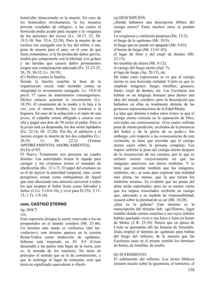 homicidio intencionado es la muerte. En caso de        (a) DESCRIPCIÓN.
los homicidios involuntarios, la ley mosaica           ¿Dónde hallamos una descripción bíblica del
proveía «ciudades de refugio», a las cuales el         castigo eterno? Entre muchos otros se pueden
homicida podía acudir para escapar a la venganza       citar:
de los parientes del occiso (Lv. 24:17, 21; Dt.        La vergüenza y confusión perpetua (Dn. 12:2);
19:5-10; Nm. 35:6, 22-28). Pero la muerte de un        el fuego de la «gehena» (Mt. 18:9);
esclavo era castigada con la ley del talión, o sea,    el fuego que no puede ser apagado (Mr. 9:43);
pena de muerte para el amo, en el caso de que          el horno de fuego (Mt. 13:41-42);
fuera instantánea; si le ha producido daños graves,    el lugar de lloro y del crujir de dientes (Mt.
tendrá que compensarle con la libertad. Los golpes     22:13);
y las heridas que causen daños permanentes             las tinieblas de afuera (Mt. 8:12);
exigen una compensación adecuada (Éx. 21:23-25,        el castigo del fuego eterno (Jud. 7);
28, 29, 30-32; Lv. 24:19).                             el lago de fuego (Ap. 20:15), etc.
(C) Delitos contra la familia.                         De todas estas expresiones se ve que el castigo
Siendo la familia israelita la base de la              eterno es una horrenda realidad. Cierto es que se
organización social, todo atentado contra su           emplean imágenes: fuego, tinieblas, gusanos,
integridad es severamente castigado. Lv. 18:6-18       llanto, crujir de dientes, etc. Las Escrituras nos
prevé 17 casos de matrimonios consanguíneos.           hablan en un lenguaje humano para damos una
Dichos enlaces acarrean la excomunión (Lv.             idea del mundo venidero; pero la descripción que
18:29). El casamiento de la madre y la hija a la       hallamos en ellas es totalmente distinta de las
vez, con el mismo hombre, les condena a la             grotescas representaciones de la Edad Media.
hoguera. En caso de la seducción o el rapto de una     La idea que domina a todos estos textos es que el
joven, el culpable estará obligado a casarse con       castigo eterno consiste en la separación de Dios,
ella y pagar una dote de 50 siclos al padre. Pero si   con todas sus consecuencias: «Los cuales sufrirán
la joven está ya desposada, los dos serán lapidados    pena de eterna perdición, excluidos de la presencia
(Éx. 22:16; Dt. 22:28). Por fin, el adulterio y el     del Señor y de la gloria de su poder.» Sin
incesto exigen la muerte de los dos culpables (Lv.     embargo, con respecto a las consecuencias de esta
20:10,       11;       Dt.      22:2).      (Véanse    exclusión, se tiene que recordar que el castigo
APEDREAMIENTO, AHORCAMIENTO).                          eterno caerá sobre la persona completa. Los
(b) En el NT.                                          impíos sufrirán la pena del castigo eterno después
El Nuevo Testamento nos presenta un cuadro             de la resurrección de sus cuerpos, por lo que es
distinto. Las autoridades tienen la espada para        erróneo insistir excesivamente en que las
castigar y los cristianos tienen el mandato de         imágenes anteriores son meros símbolos. Y se
obedecerlas (Ro. 13:1-7). El papel del cristiano no    tiene que recordar también que las imágenes,
es el de ejercer la autoridad temporal, sino, como     símbolos, etc., se usan para expresar una realidad
peregrinos, actuar como embajadores de Aquel           más plena, no menos, que la que tienen los
que está ofreciendo una amnistía universal a todos     símbolos mismos. Es evidente que las penas del
los que acepten al Señor Jesús como Salvador y         alma serán espirituales; pero no es menos cierto
Señor (2 Co. 5:14-6:10), y vivir para Él (Tit. 2:11-   que los impíos resucitados recibirán un castigo
15; 1 Ts. 1:9-10).                                     que, adecuado a su medida de responsabilidad,
                                                       recaerá sobre la plenitud de su ser (Mt. 10:28).
nom, CASTIGO ETERNO                                    ¿Qué es la gehena? Este término es la
tip, DOCT                                              transcripción del término heb. «gé-Hinon», lugar
vet,                                                   maldito donde ciertos israelitas y sus reyes infieles
Esta expresión designa la suerte reservada a los no    habían quemado vivos a sus hijos e hijas en honor
arrepentidos en el mundo venidero (Mt. 25:46).         de Moloc (2 R. 23:10). Parece que en época de
Un término más usado es «infierno» (del lat.:          Cristo se quemaban allí las basuras de Jerusalén.
«inferior»); este término aparece en la versión        Jesús empleó el término de «gehena» para hablar
Reina-Valera como traducción de «gehena».              del fuego del infierno, de la manera que las
Infierno está inspirado en Ef. 4:9 (Cristo             Escrituras usan en el mismo sentido los términos
descendió a las partes más bajas de la tierra, esto    de horno, de tinieblas, de azufre.
es, la morada de los muertos). No tenía en
principio el sentido que se le da comúnmente, y        (b) SUFRIMIENTO.
que lo restringe al lugar de tormento, sino que        El sufrimiento del infierno. Los textos bíblicos
tenía un significado equivalente a «Seol».             insisten mucho sobre la ignominia, el tormento, el
                                                                                                       138
 