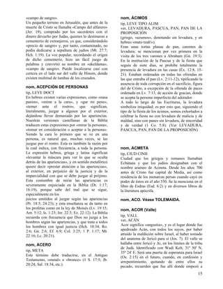 «campo de sangre».                                     nom, ÁCIMOS
Un pequeño terreno en Jerusalén, que antes de la       tip, LEYE TIPO ALIM
muerte de Cristo se llamaba «Campo del alfarero»       ver, LEVADURA, PASCUA, PAN, PAN DE LA
(Jer. 19), comprado por los sacerdotes con el          PROPOSICIÓN
dinero devuelto por Judas, quienes lo destinaron a     (griego, «azumos», denotando sin levadura, y en
cementerio de extranjeros, ya que, considerándolo      hebreo «matz-tzah'»).
«precio de sangre» y, por tanto, contaminado, no       Eran unas tortas planas de pan, carentes de
podía dedicarse a sepultura de judíos (Mt. 27:7;       levadura; se mencionan por vez primera en la
Hch. 1:19). La voz popular, recordando el origen       visita de los tres varones a Abraham (Gn. 19:3).
de dicho cementerio, hizo un fácil juego de            En la institución de la Pascua y de la fiesta que
palabras y convirtió su nombre en «akeldama»,          seguía de siete días, se prohibe totalmente la
«campo de sangre». Puede localizarse casi con          presencia de levadura en las casas (Éx. 12:8, 15-
certeza en el lado sur del valle de Hinom, donde       21). Estaban ordenadas en todas las ofrendas en
existen multitud de tumbas de los cruzados.            las que entraba el pan (Lv. 2:11-12), tipificando la
                                                       ausencia de toda corrupción en el sacrificio, figura
nom, ACEPCIÓN DE PERSONAS                              del de Cristo, a excepción de la ofrenda de paces
tip, LEYE DOCT                                         ordenada en Lv. 7:13, de acción de gracias, donde
En hebreo existen varias expresiones, como «nasa       se acepta la persona imperfecta del adorador.
panim», «mirar a la cara», y «gur mi pene»,            A todo lo largo de las Escrituras, la levadura
«temer ante el rostro», que significan,                simboliza iniquidad; es por esto que, siguiendo el
literalmente, juzgar a alguien por el exterior,        tipo de la fiesta de los ácimos, somos exhortados a
dejándose llevar demasiado por las apariencias.        celebrar la fiesta no con levadura de malicia y de
Nuestras versiones castellanas de la Biblia            maldad, sino con panes sin levadura, de sinceridad
traducen estas expresiones por «mirar la persona»,     y de verdad (1 Co. 5:8). (Ver LEVADURA,
«tomar en consideración o aceptar a la persona».       PASCUA, PAN, PAN DE LA PROPOSICIÓN)
Siendo la cara lo primero que se ve en una
persona, es natural que, muchas veces, se las
juzgue por el rostro. Esta es también la razón por
la cual indica, con frecuencia, a toda la persona.     nom, ACMETA
La expresión hebrea, griega y latina significan        tip, CIUD CINH
«levantar la máscara para ver lo que se oculta         Ciudad que los griegos y romanos llamaban
detrás de las apariencias», y en sentido metafórico    Ecbátana y que los judíos designaban con el
quiere decir «prestar atención a las apariencias»,     nombre arameo de Acmeta. Desde los años 700
al exterior, en perjuicio de la justicia y de la       antes de Cristo fue capital de Media, así como
imparcialidad con que se debe juzgar al prójimo.       residencia de los monarcas persas cuando cayó en
Esta costumbre de mirar las apariencias es             poder de éstos en el año 550. Se la menciona en el
severamente enjuiciada en la Biblia (Dt. 1:17;         libro de Esdras (Esd. 6:2) y en diversos libros de
16:19), porque sabe del mal que se sigue,              la literatura apócrifa.
especialmente en los
juicios emitidos al juzgar según las apariencias       nom, ACO. Véase TOLEMAIDA.
(Pr. 18:5; 24:23); y esta enseñanza se da tanto en
los profetas como en la ley de Moisés (Lv. 19:15;      nom, ACOR (Valle)
Am. 5:12; Is. 1:23; Jer. 22:3; Ez. 22:12). La Biblia
recuerda con frecuencia que Dios no juzga a los        tip, VALL
hombres según las apariencias, y que trata a todos     ver, ACÁN
los hombres con igual justicia (Hch. 10:34; Ro.        Acor significa «angustia», y es el lugar donde fue
2:6; Gá. 2:6; Ef. 6:9; Col. 3:25; 1 P. 1:17; Mt.       apedreado Acán, con todos los suyos, por haber
22:16; Lc. 20:21).                                     atraído la maldición sobre Israel, al haber tomado
                                                       del anatema de Jericó para sí (Jos. 7). El valle se
nom, ACERO                                             hallaba entre Jericó y Ai, en los límites de la tribu
                                                       de Judá. Identificado con Wadi Kelt, 31º 50' N,
tip, META                                              35º 24' E. Será una puerta de esperanza para Israel
Este término debe traducirse, en el Antiguo            (Os. 2:15) en el futuro, cuando, en confesión y
Testamento, «metal» o «bronce» (1 S. 17:5; Jb.         arrepentimiento, quitando de entre ellos su
20:24; Sal. 18:34, etc.).                              pecado, recuerden que fue allí donde empezó a
                                                                                                         15
 