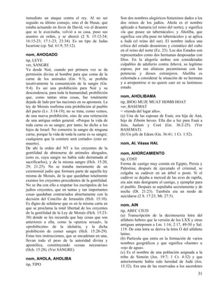 inmediato un ataque contra el rey. Al no ser           Son dos nombres alegóricos femeninos dados a los
seguido su último consejo, sino el de Husai, que       dos reinos de los judíos. Ahola es el nombre
estaba actuando en favor de David, vio el desastre     aplicado a Samaria (el reino del norte), y significa
que se le avecinaba, volvió a su casa, puso sus        «la que posee un tabernáculo»; y Aholiba, que
asuntos en orden, y se ahorcó (2 S. 15:12-34;          significa «en ella puse mi tabernáculo» y se aplica
16:15-23; 17:1-23; 23:34). Es un tipo de Judas         a Judá (el reino del sur). El nombre indica una
Iscariote (cp. Sal. 61:9; 55:12).                      crítica del estado desastroso y cismático del culto
                                                       en el reino del norte (Ez. 23). Los dos Estados son
nom, AHOGADO                                           representados como dos hermanas desposadas con
tip, LEYE                                              Dios. En la alegoría ambas son consideradas
ver, SANGRE                                            culpables de adulterio contra Jehová, su legítimo
Ya desde Noé, cuando por primera vez se da             esposo, por sus alianzas pecaminosas con las
permisión divina al hombre para que coma de la         potencias y dioses extranjeros. Aholiba es
carne de los animales (Gn. 9:3), se prohibe            exhortada a considerar la situación de su hermana
taxativamente la consumición de la sangre (Gn.         y a arrepentirse si no quiere caer en su lastimoso
9:4). Es así una prohibición para Noé y su             estado.
descendencia, para toda la humanidad; prohibición
que, como tantas otras cosas, fue totalmente           nom, AHOLIBAMA
dejada de lado por las naciones en su apostasía. La    tip, BIOG MUJE MUAT HOMB HOAT
ley de Moisés reafirma esta prohibición al pueblo      ver, BASEMAT
del pacto (Lv. 3:14-19); no se trata, como vemos,      = «tienda del lugar alto».
de una nueva prohibición, sino de una reiteración      (a) Una de las esposas de Esaú; era hija de Aná,
de una antigua orden general. «Porque la vida de       hijo de Zibeón heveo. Ella dio a luz para Esaú a
toda carne es su sangre; por tanto, he dicho a los     Jeús, Jaalam y Coré (Gn. 36:2-25). (Ver
hijos de Israel: No comeréis la sangre de ninguna      BASEMAT)
carne, porque la vida de toda la carne es su sangre;   (b) Un jefe de Edom (Gn. 36:41; 1 Cr. 1:52).
cualquiera que la comiere será cortado» (esto es:
muerto).                                               nom, AI. Véase HAI.
De ahí la orden del NT a los creyentes de la
gentilidad de abstenerse de animales ahogados,         nom, AHORCAMIENTO
(esto es, cuya sangre no había sido derramada al       tip, COST
sacrificarlos), y de la misma sangre (Hch. 15:20,      Forma de castigo muy común en Egipto, Persia y
29; 21:25). No se trataba meramente de un              Palestina; después de ejecutado el criminal, se
ceremonial judío que formara parte de aquella ley      colgaba su cadáver en un árbol o poste. Si el
misma de Moisés, de la que quedaban totalmente         cadáver se dejaba a merced de las aves de rapiña,
exentos los creyentes procedentes de la gentilidad.    era aún más denigrante el castigo, y ejemplar para
No se iba con ello a respetar los escrúpulos de los    el pueblo. Después se sepultaba secretamente y de
judíos creyentes, que en tantas y tan importantes      noche (Dt. 21:23). También era un modo de
cosas quedaban contrariados abiertamente con la        suicidarse (2 S. 17:23; Mt. 27:5).
decisión del Concilio de Jerusalén (Hch. 15:10).
Es digno de señalarse que es en la misma carta en      nom, AIN
que se proclama la total libertad de los creyentes
                                                       tip, ABEC CIUD
de la gentilidad de la Ley de Moisés (Hch. 15:23-
                                                       (a) Transcripción de la decimosexta letra del
30) donde se les recuerda que hay cosas que son
                                                       alfabeto hebreo que la versión de los LXX y otras
anteriores a ella, como la «pureza sexual», la
                                                       antiguas anteponen a Lm. 1:16; 2:17, 49-50 y Sal.
«prohibición» de la idolatría, y la dicha
                                                       119. De esta letra se deriva la letra O del alfabeto
prohibición de comer sangre (Hch. 15:28-29).
                                                       latino.
Estas tres instrucciones, que se encadenan en una,
                                                       (b) Partícula que entra en la formación de varios
llevan todo el peso de la autoridad divina y
                                                       nombres geográficos y que significa «fuente» u
apostólica, constituyendo «cosas necesarias»
                                                       «ojo de agua».
(Hch. 15:28). (Ver SANGRE)
                                                       (c) Es el nombre de una población asignada a la
nom, AHOLA, AHOLIBA                                    tribu de Simeón (Jos. 19:7; 1 Cr. 4:32) y que
                                                       anteriormente había sido heredad de Judá (Jos.
tip, TIPO                                              15:32). Era una de las reservadas a los sacerdotes
                                                                                                        31
 