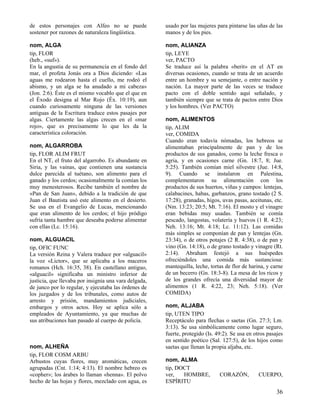 de estos personajes con Alfeo no se puede              usado por las mujeres para pintarse las uñas de las
sostener por razones de naturaleza lingüística.        manos y de los pies.

nom, ALGA                                              nom, ALIANZA
tip, FLOR                                              tip, LEYE
(heb., «suf»).                                         ver, PACTO
En la angustia de su permanencia en el fondo del       Se traduce así la palabra «berit» en el AT en
mar, el profeta Jonás ora a Dios diciendo: «Las        diversas ocasiones, cuando se trata de un acuerdo
aguas me rodearon hasta el cuello, me rodeó el         entre un hombre y su semejante, o entre nación y
abismo, y un alga se ha anudado a mi cabeza»           nación. La mayor parte de las veces se traduce
(Jon. 2:6). Éste es el mismo vocablo que el que en     pacto con el doble sentido aquí señalado, y
el Éxodo designa al Mar Rojo (Éx. 10:19), aun          también siempre que se trata de pactos entre Dios
cuando curiosamente ninguna de las versiones           y los hombres. (Ver PACTO)
antiguas de la Escritura traduce estos pasajes por
algas. Ciertamente las algas crecen en el «mar         nom, ALIMENTOS
rojo», que es precisamente lo que les da la            tip, ALIM
característica coloración.                             ver, COMIDA
                                                       Cuando eran todavía nómadas, los hebreos se
nom, ALGARROBA                                         alimentaban principalmente de pan y de los
tip, FLOR ALIM FRUT                                    productos de sus ganados, como la leche fresca o
En el NT, el fruto del algarrobo. Es abundante en      agria, y en ocasiones carne (Gn. 18:7, 8; Jue.
Siria, y las vainas, que contienen una sustancia       5:25). También comían miel silvestre (Jue. 14:8,
dulce parecida al tuétano, son alimento para el        9). Cuando se instalaron en Palestina,
ganado y los cerdos; ocasionalmente la comían los      complementaron su alimentación con los
muy menesterosos. Recibe también el nombre de          productos de sus huertos, viñas y campos: lentejas,
«Pan de San Juan», debido a la tradición de que        calabacines, habas, garbanzos, grano tostado (2 S.
Juan el Bautista usó este alimento en el desierto.     17:28), granadas, higos, uvas pasas, aceitunas, etc.
Se usa en el Evangelio de Lucas, mencionando           (Nm. 13:23; 20:5; Mt. 7:16). El mosto y el vinagre
que eran alimento de los cerdos; el hijo pródigo       eran bebidas muy usadas. También se comía
sufría tanta hambre que deseaba poderse alimentar      pescado, langostas, volatería y huevos (1 R. 4:23;
con ellas (Lc. 15:16).                                 Neh. 13:16; Mt. 4:18; Lc. 11:12). Las comidas
                                                       más simples se componían de pan y lentejas (Gn.
nom, ALGUACIL                                          23:34), o de otros potajes (2 R. 4:38), o de pan y
tip, OFIC FUNC                                         vino (Gn. 14:18), o de grano tostado y vinagre (Rt.
La versión Reina y Valera traduce por «alguacil»       2:14). Abraham festejó a sus huéspedes
la voz «Lictor», que se aplicaba a los maceros         ofreciéndoles una comida más sustanciosa:
romanos (Hch. 16:35, 38). En castellano antiguo,       mantequilla, leche, tortas de flor de harina, y carne
«alguacil» significaba un ministro inferior de         de un becerro (Gn. 18:3-8). La mesa de los ricos y
justicia, que llevaba por insignia una vara delgada,   de los grandes ofrecía una diversidad mayor de
de junco por lo regular, y ejecutaba las órdenes de    alimentos (1 R. 4:22, 23; Neh. 5:18). (Ver
los juzgados y de los tribunales, como autos de        COMIDA)
arresto y prisión, mandamientos judiciales,
embargos y otros actos. Hoy se aplica sólo a           nom, ALJABA
empleados de Ayuntamiento, ya que muchas de            tip, UTEN TIPO
sus atribuciones han pasado al cuerpo de policía.      Receptáculo para flechas o saetas (Gn. 27:3; Lm.
                                                       3:13). Se usa simbólicamente como lugar seguro,
                                                       fuerte, protegido (Is. 49:2). Se usa en otros pasajes
                                                       en sentido poético (Sal. 127:5), de los hijos como
nom, ALHEÑA                                            saetas que llenan la propia aljaba, etc.
tip, FLOR COSM ARBU
Arbustos cuyas flores, muy aromáticas, crecen          nom, ALMA
agrupadas (Cnt. 1:14; 4:13). El nombre hebreo es       tip, DOCT
«copher»; los árabes lo llaman «henna». El polvo       ver,   HOMBRE,          CORAZÓN,          CUERPO,
hecho de las hojas y flores, mezclado con agua, es     ESPÍRITU
                                                                                                         36
 